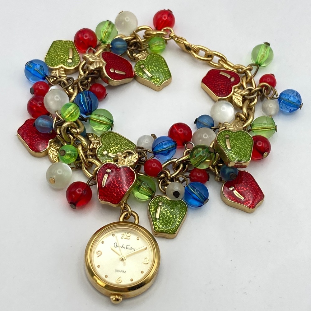 Quacker Factory Women's Charm Bracelet Watch Gold Tone Teacher New Battery 7.25"